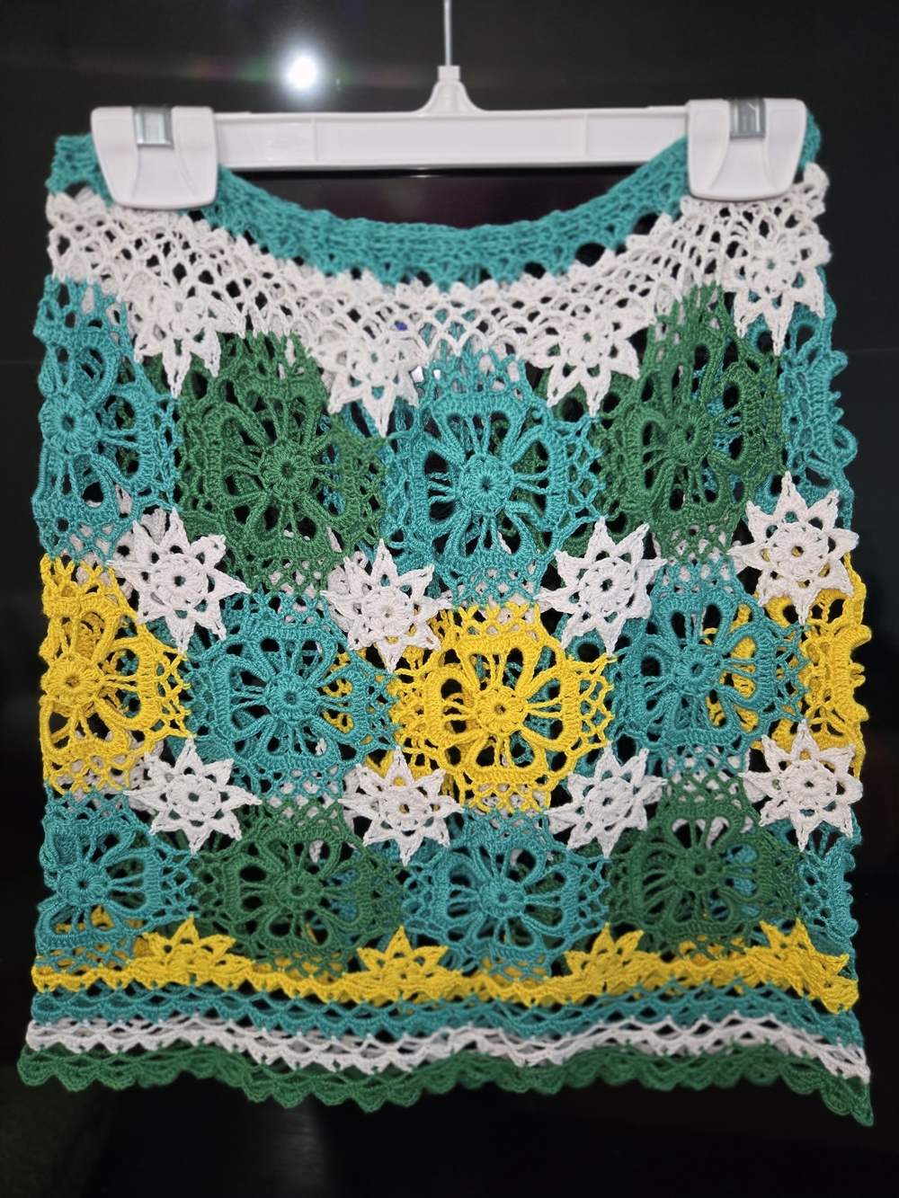 HANDcrafted Crochet Mini Skirt in Teal, Cream, White& Green Size S